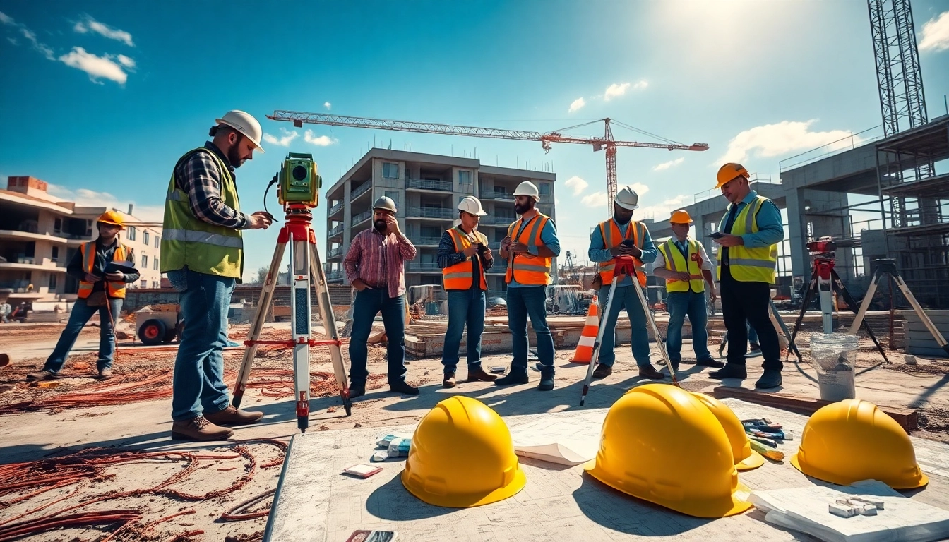 Construction assessment testing being conducted by professionals at a busy construction site.