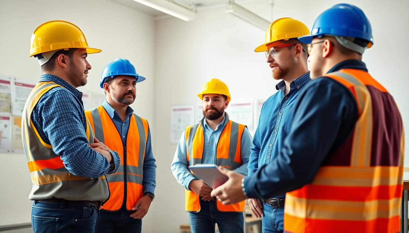 Engaged learners in construction safety classes, surrounded by safety gear, actively participating in training.