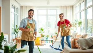 Cleaning Service in action with professionals tidying a bright living area, enhancing the home’s cleanliness.