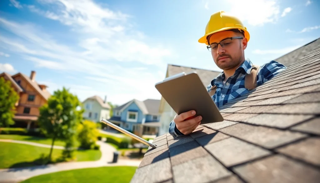 Inspecting reliable roofing services for quality check on a residential roof.