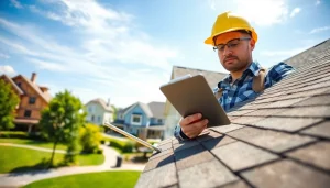 Inspecting reliable roofing services for quality check on a residential roof.