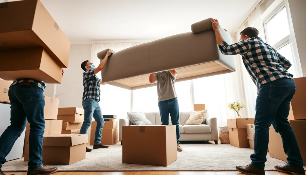Best Toronto Movers lifting furniture with teamwork in a bright living room.