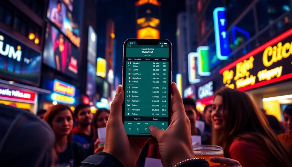 Cheerful group engaged in sports betting sites India activities with smartphone in an urban setting.