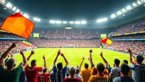 축구중계에 열광하는 관중의 모습과 역동적인 스포츠 현장