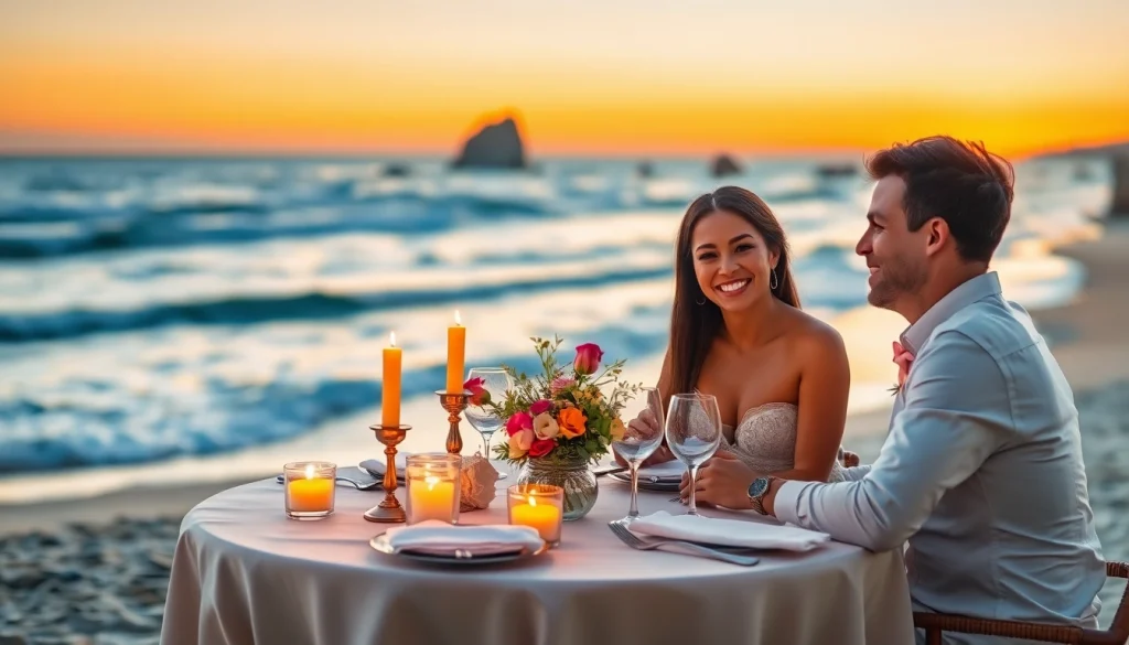 Couple engaging in romantic excursions in Cabo during a beautiful sunset dinner on the beach.