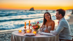 Couple engaging in romantic excursions in Cabo during a beautiful sunset dinner on the beach.