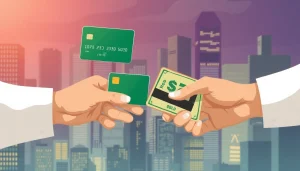 카드깡과 현금 거래의 교환을 보여주는 긴장감 넘치는 일러스트