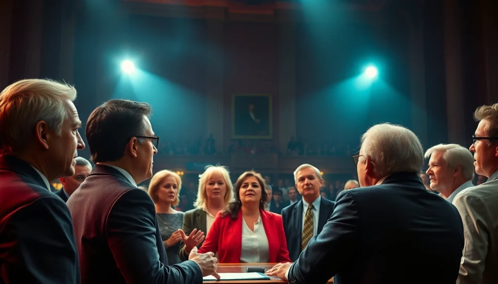 Political debate scene illustrating tensions of Politics Thieves and Bullets with passionate speakers.