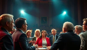 Political debate scene illustrating tensions of Politics Thieves and Bullets with passionate speakers.