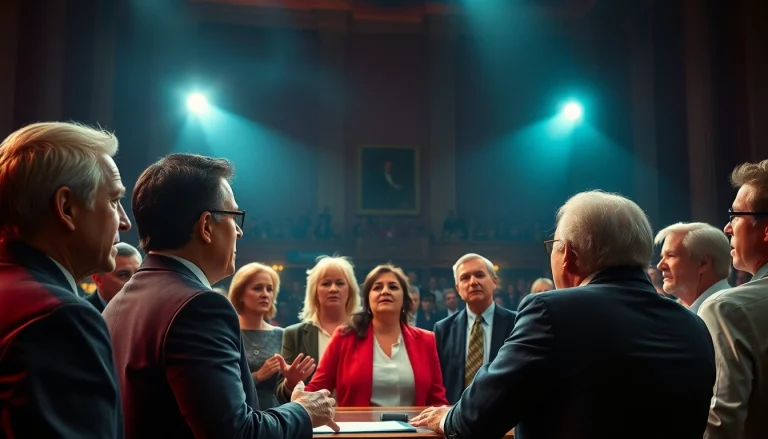 Political debate scene illustrating tensions of Politics Thieves and Bullets with passionate speakers.