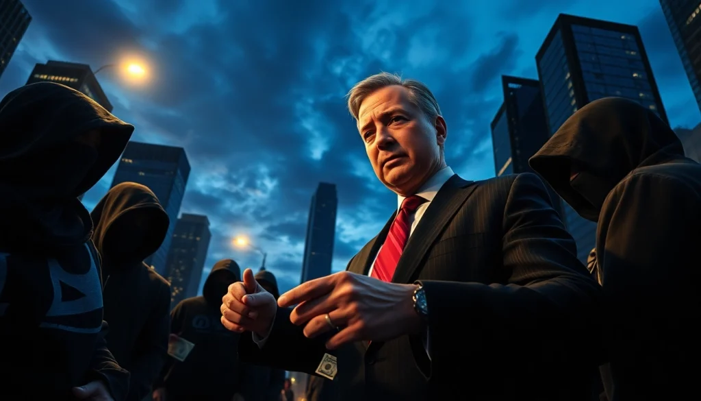 Scene illustrating Politics Thieves and Bullets with a tense exchange in a cityscape.