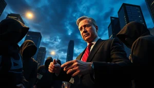 Scene illustrating Politics Thieves and Bullets with a tense exchange in a cityscape.