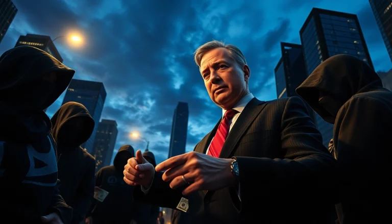 Scene illustrating Politics Thieves and Bullets with a tense exchange in a cityscape.