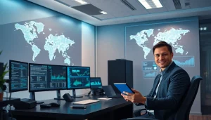 Visual representation of best cloud mining technologies in a modern office setting, showcasing innovation and data analysis.