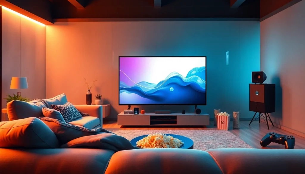 Showcase of iron TV in a modern living room setting with sleek design features.