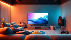 Showcase of iron TV in a modern living room setting with sleek design features.