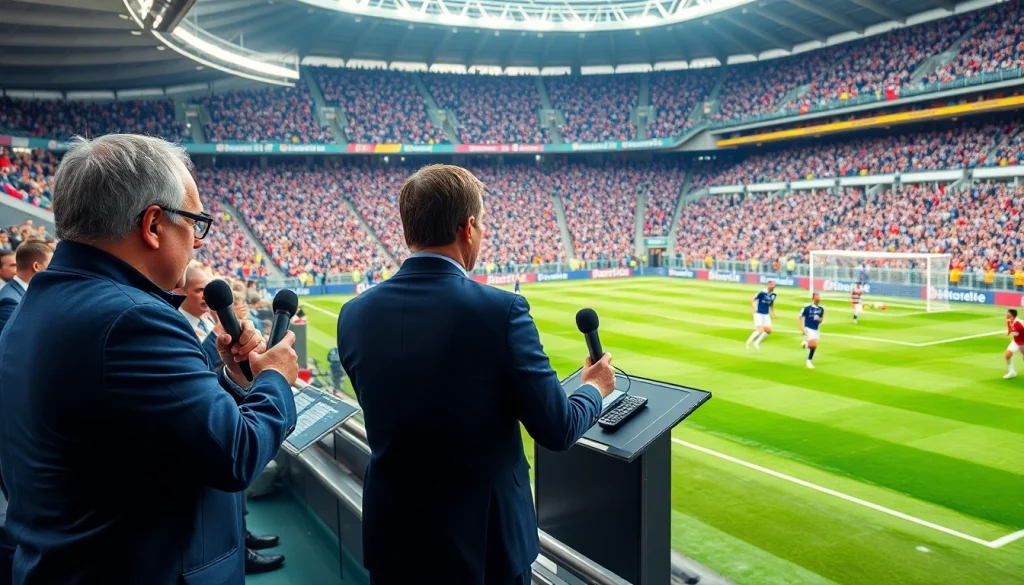 축구중계 중계를 위한 스포츠 해설자들의 열정적인 모습.