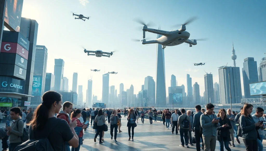 Engaging urban scene showcasing Technology with diverse individuals using smart devices.