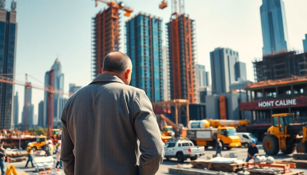 Manhattan Construction Manager coordinating a busy construction site with workers and machinery.