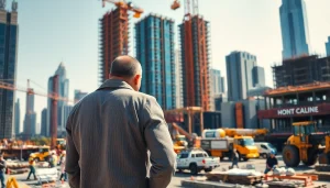 Manhattan Construction Manager coordinating a busy construction site with workers and machinery.