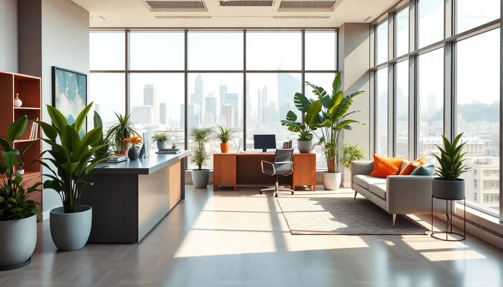 Real Estate office interior showcasing a stylish, modern workspace with natural light.