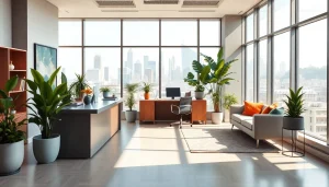 Real Estate office interior showcasing a stylish, modern workspace with natural light.