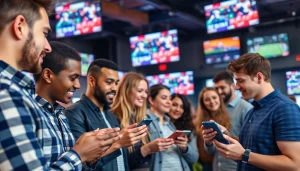 Engaged individuals enjoying online sports betting British Columbia in a lively sports bar atmosphere.