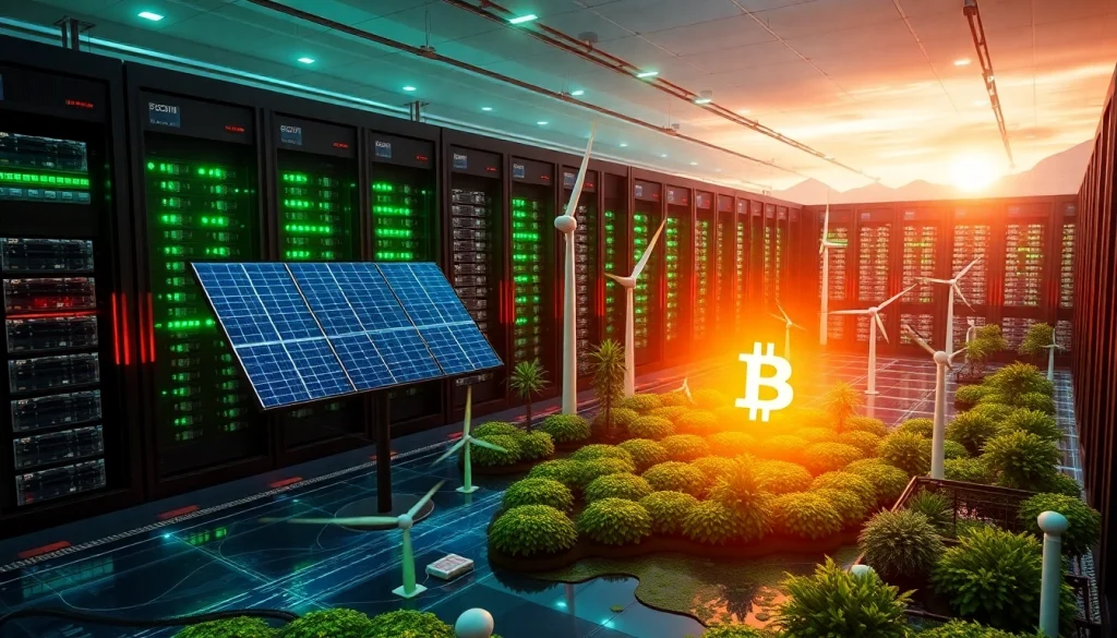 Bitcoin cloud mining in a sustainable, eco-friendly data center with renewable energy sources.