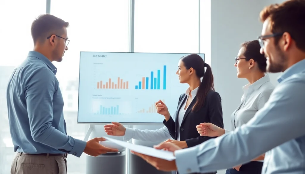 Analyze Bid-No-Bid Analysis graphics in a professional business setting with engaged team members.
