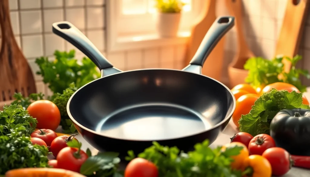 Showcasing the best nonstick pan NZ in a vibrant kitchen, surrounded by fresh ingredients and natural light.