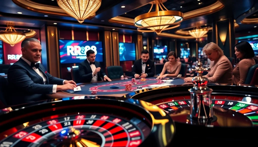 Players enjoy high-stakes poker at RR88, showcasing excitement and luxury in a vibrant casino setting.