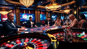 Players enjoy high-stakes poker at RR88, showcasing excitement and luxury in a vibrant casino setting.