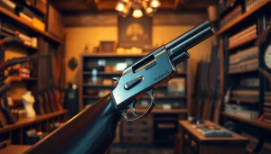 Alamo 15 trigger for sale highlighting its precision and craftsmanship in a warm gun shop.