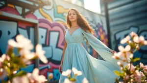 Elegant woman showcasing Rivelle fashion in an urban scene with vibrant colors.