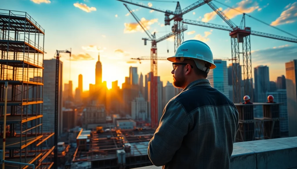Showcase of a skilled Manhattan General Contractor working on-site with bustling city backdrop.