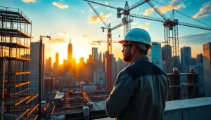 Showcase of a skilled Manhattan General Contractor working on-site with bustling city backdrop.