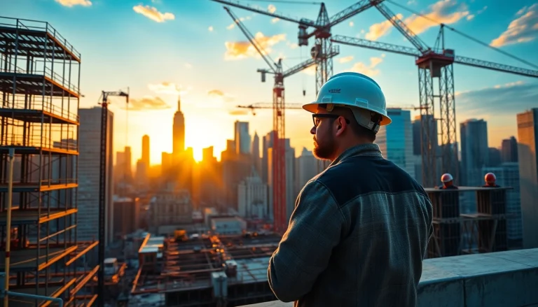 Showcase of a skilled Manhattan General Contractor working on-site with bustling city backdrop.