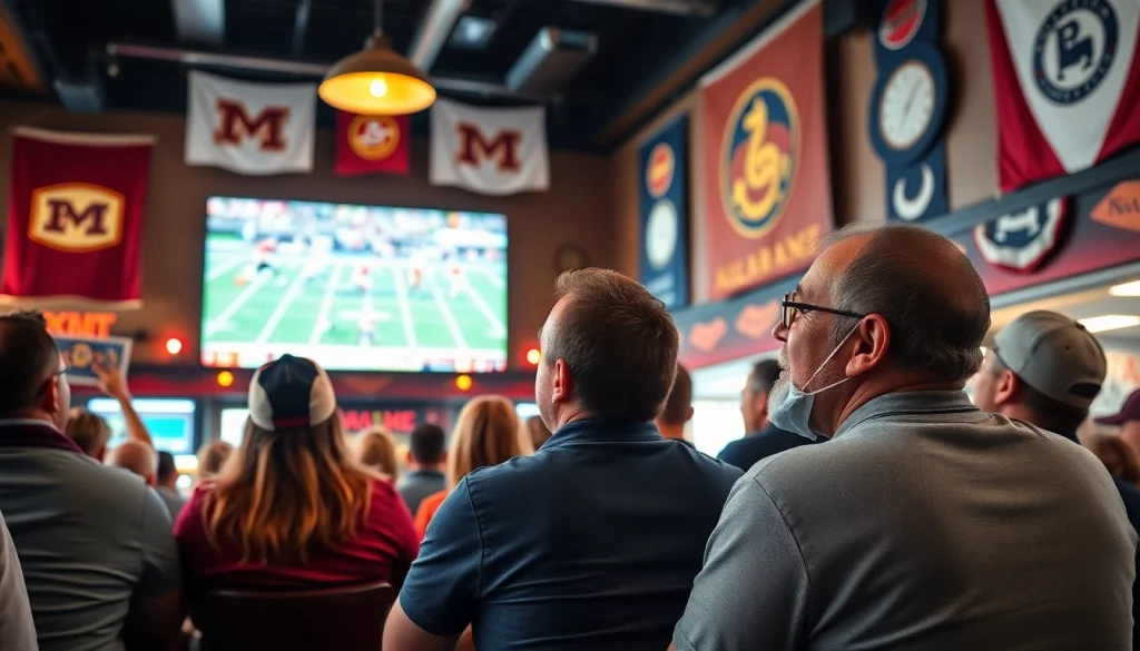 Engaged fans enjoying online sports betting Alabama at a sports event with vibrant atmosphere.