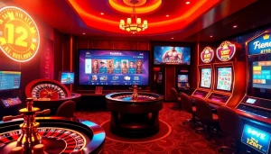 Engage with ink vao 12bet through a vibrant online gambling scene featuring roulette, poker chips, and digital slots.