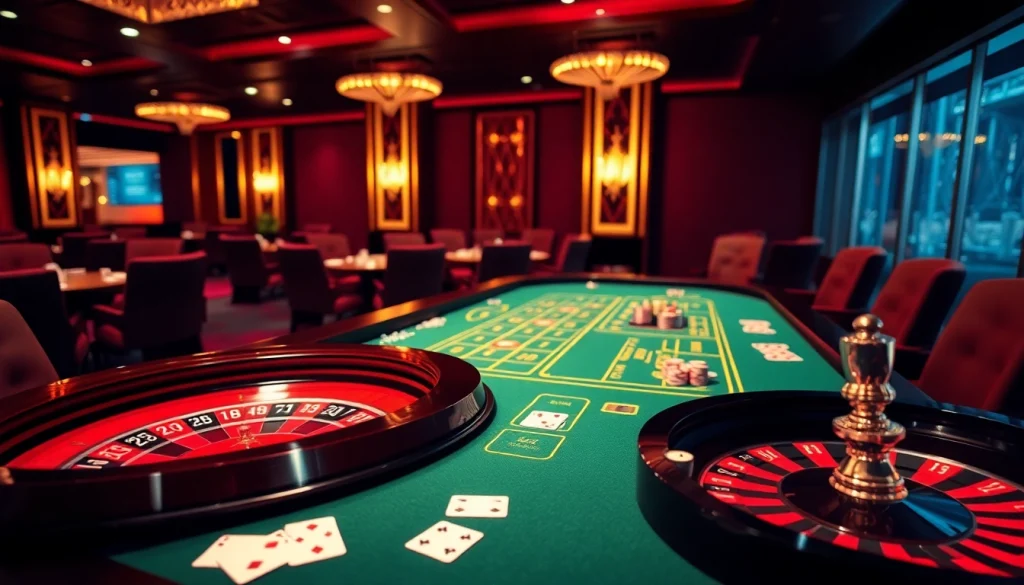 Engage with the nhà cái cá cược s8 experience at a luxurious casino table featuring roulette and poker chips.