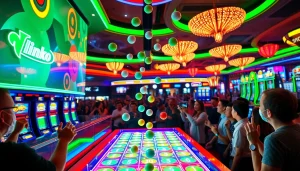 Permainan slot plinko yang menampilkan papan Plinko berwarna-warni dan bola jatuh di dalam kasino yang ramai.