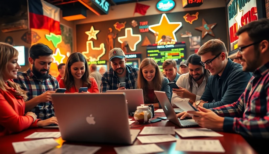 Engage in online sports betting Texas with bettors analyzing odds in an exciting atmosphere.
