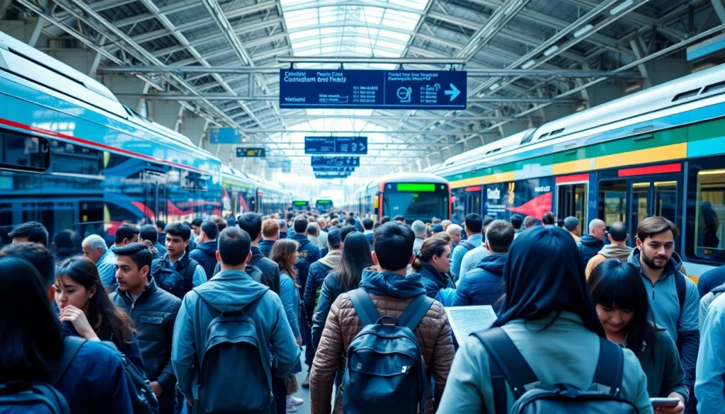 Transportation hub showcasing diverse commuters navigating a busy urban transit scene.