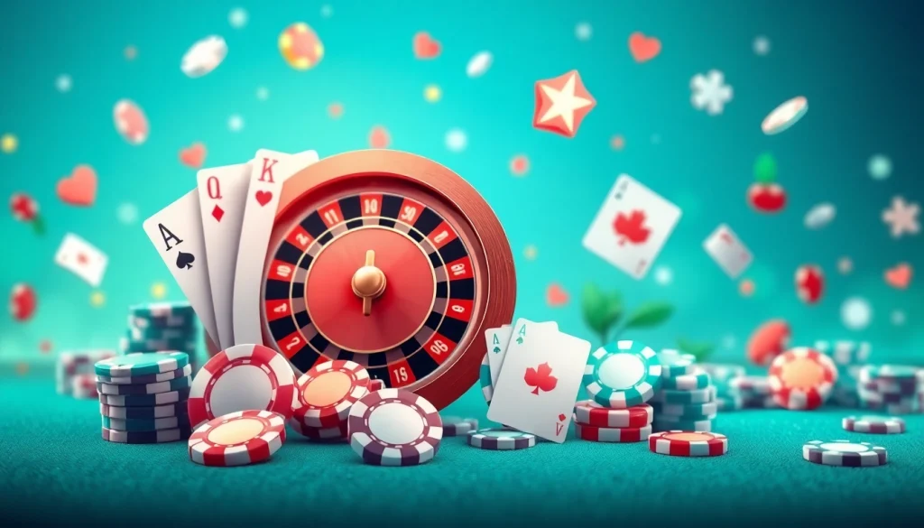 Experience Canada online casinos with lively visuals of gaming elements like cards and chips.