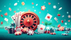 Experience Canada online casinos with lively visuals of gaming elements like cards and chips.