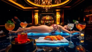 Body sushi presentation at Club Noir, showcasing elegant arrangements on a model, highlighting luxury and entertainment.