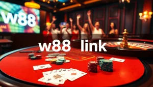 Experience the excitement with the vibrant W88 link casino atmosphere featuring poker, roulette, and festive winnings.