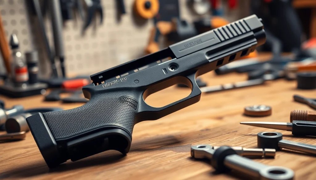 Crafting a glock 19 pf940c frame in a detailed workshop scene.