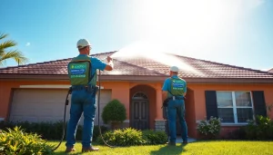 Roof cleaning service in Kissimmee, FL, showcasing professionals using eco-safe techniques on a residential roof.
