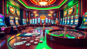 Experience the excitement of lc88 đăng nhập with a vibrant casino gaming scene showcasing roulette, poker chips, and slot machines.